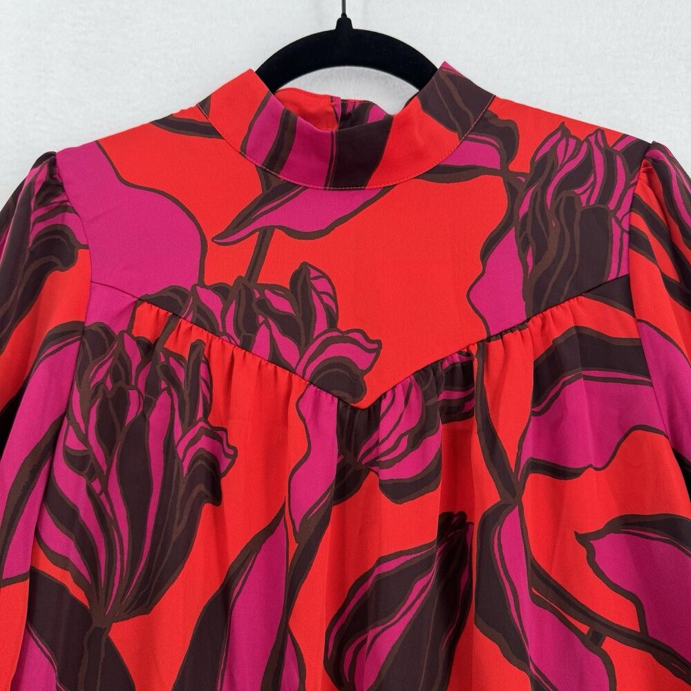 Who What Wear Floral Dress Womens Medium Red Pink Mock Neck Puff Sleeve Pockets - Picture 3 of 9